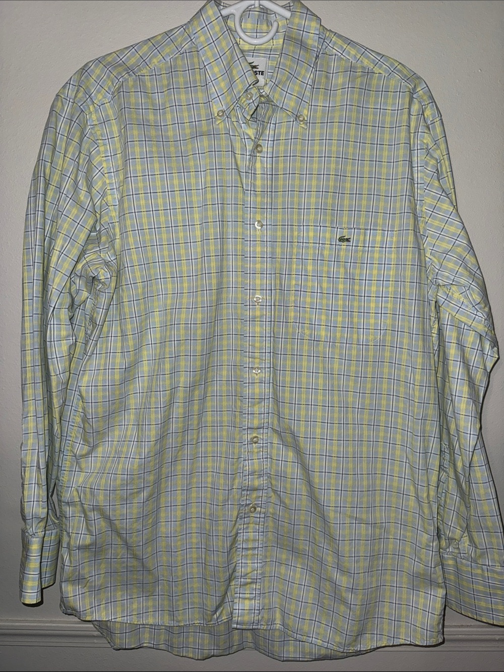 Lacoste Mens Yellow Light‎ Blue Plaid Button Down Shirt Embroidered Logo 42 L